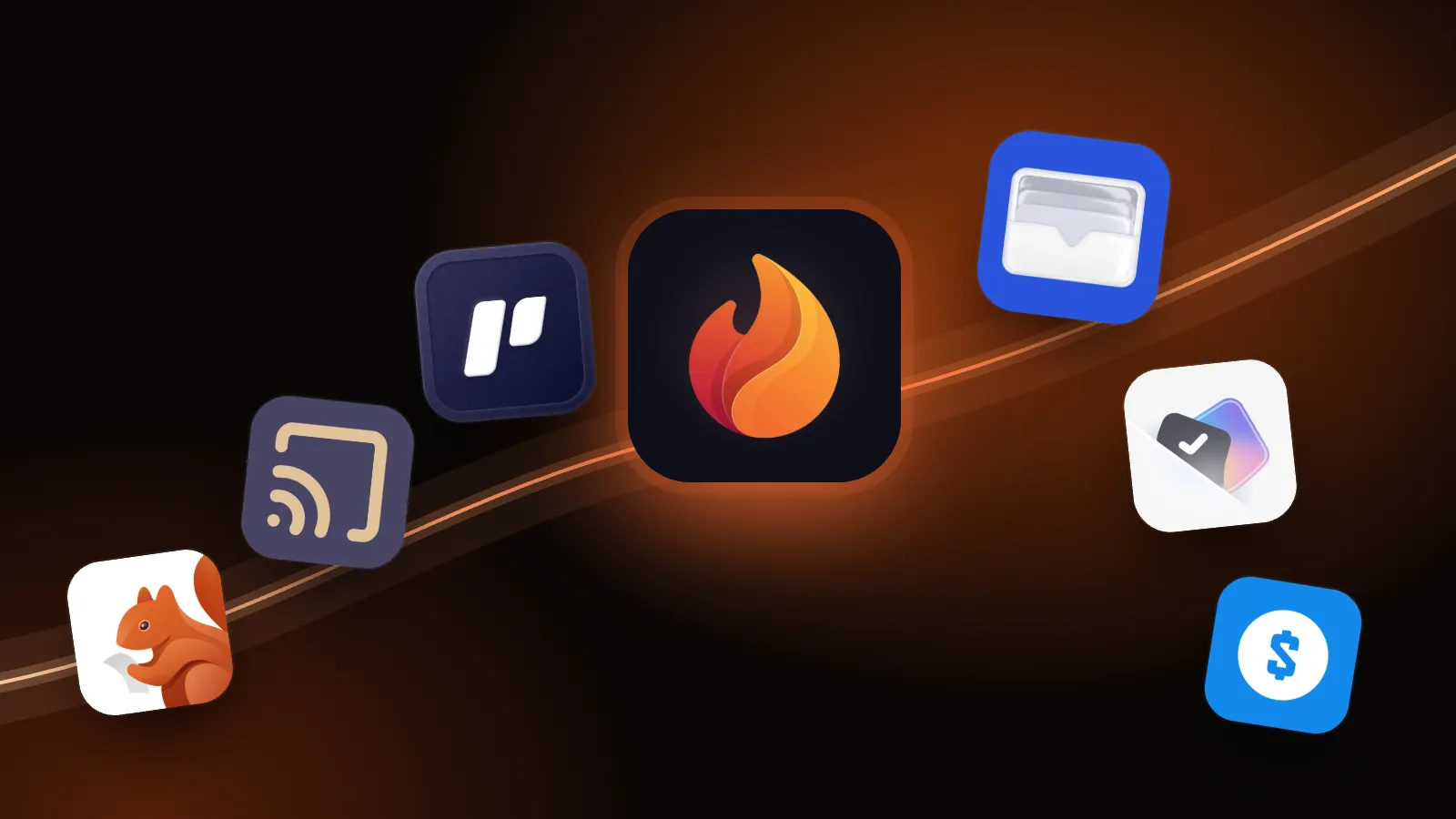 一条上升的线中间是被点亮的 Burn 图标，旁边是 ReSubs、Pandora、TBox、MarkBuy、Bobby 和钱迹的 App 图标，背景是深色余烬色。