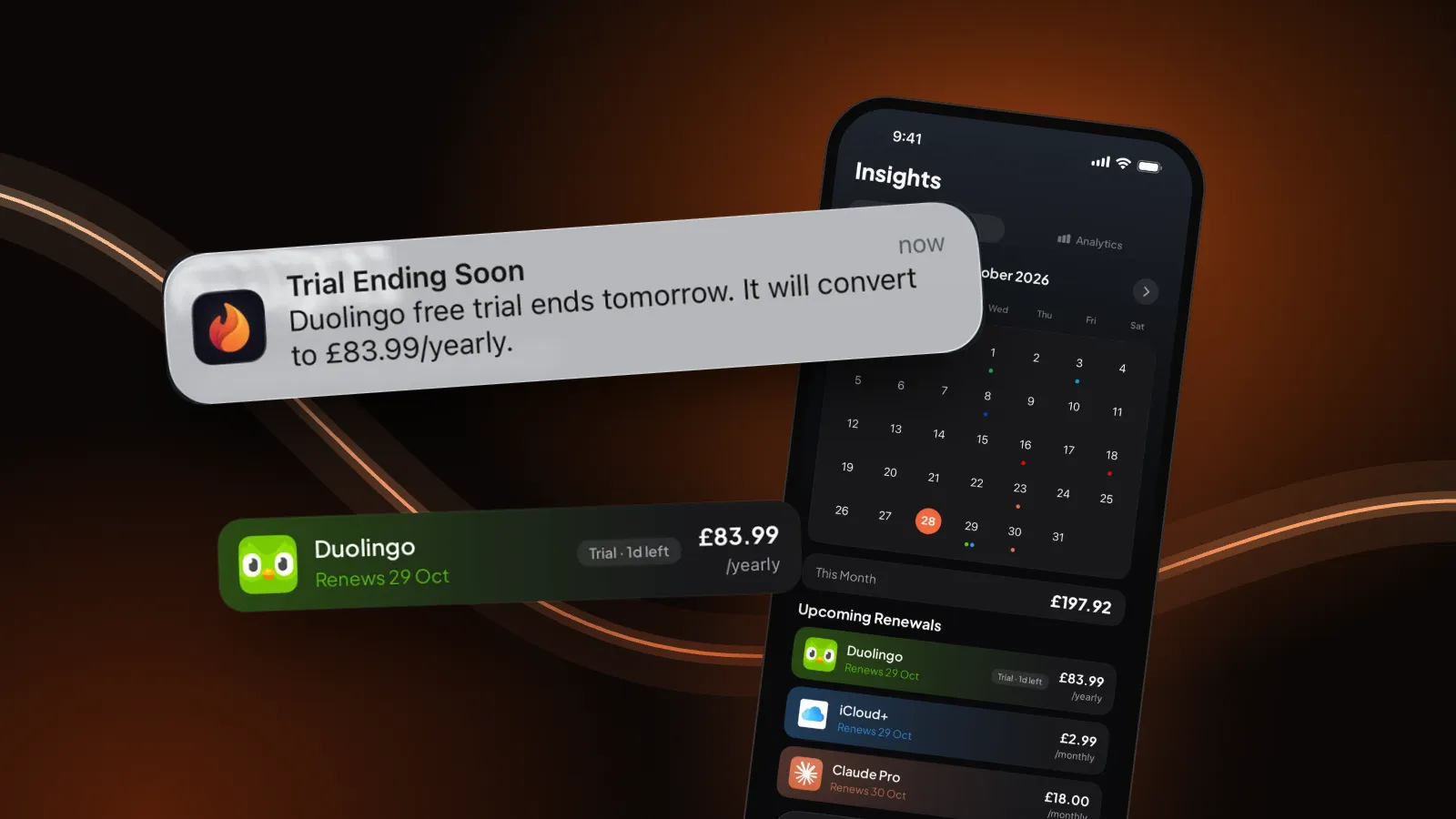 Burn's renewal calendar with a "Trial ending soon" notification for a Duolingo free trial, on a dark ember background.