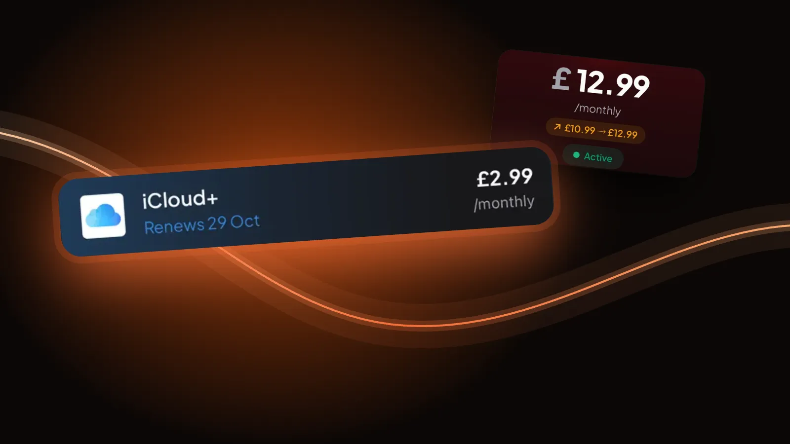 Burn's iCloud+ subscription row, large, over the renewal calendar, on a dark ember background.