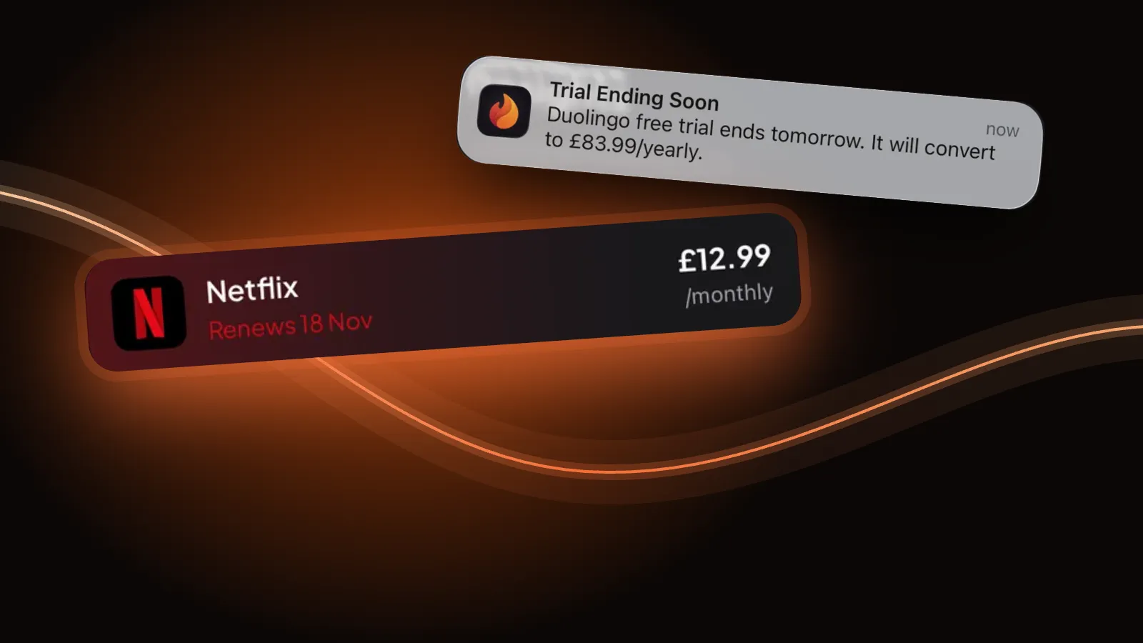 Burn's Netflix subscription row, large, with a trial reminder banner, on a dark ember background.