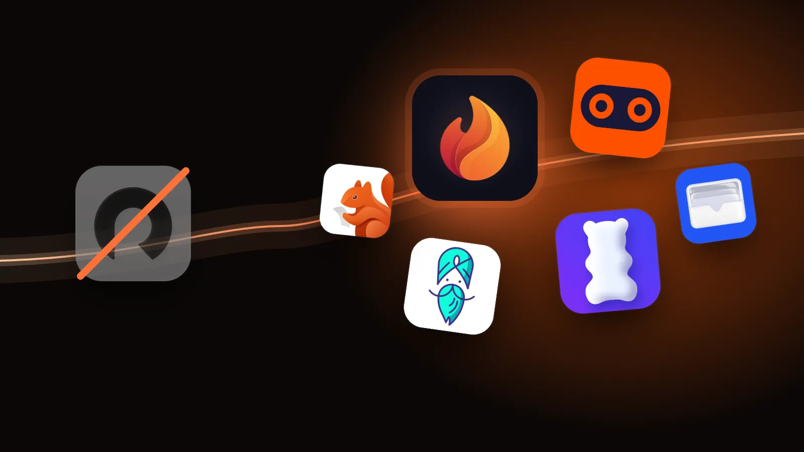 The Rocket Money app icon greyed out and crossed through, with Burn lit up beside the icons of Emma, Snoop, Finanzguru, ReSubs and Bobby on a dark ember background.