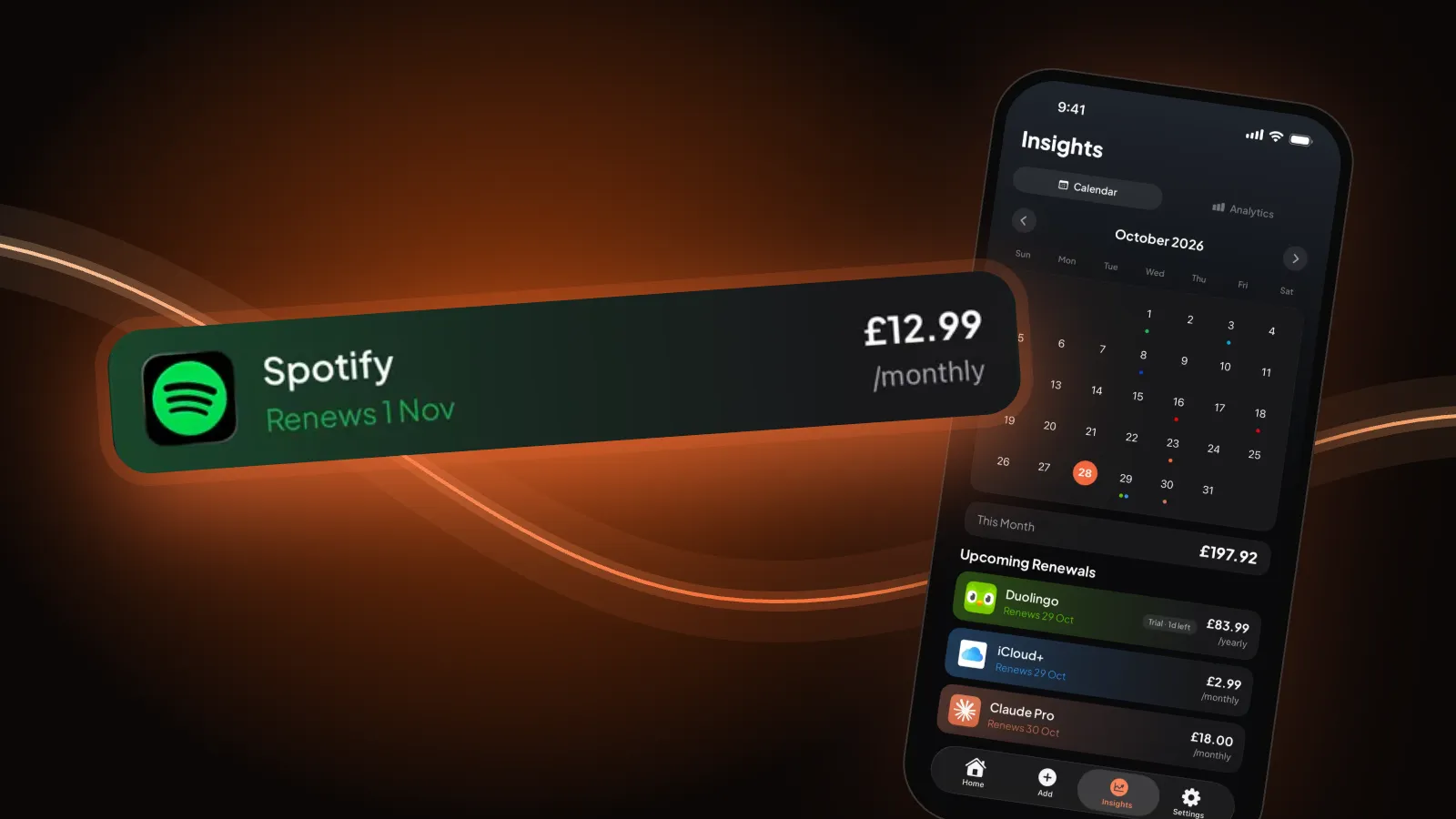Burn's Spotify subscription row, large, over the renewal calendar, on a dark ember background.