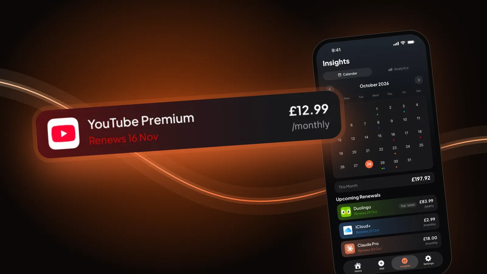 Burn's YouTube Premium subscription row, large, beside a phone showing the renewal calendar, on a dark ember background.