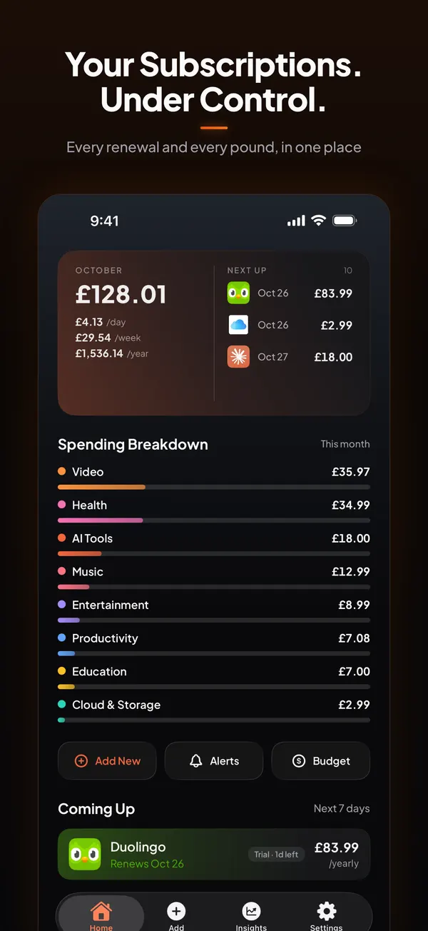 Burn's Home screen: £128.01 this October, £4.13 a day, a spending breakdown by category and a Duolingo trial coming up.