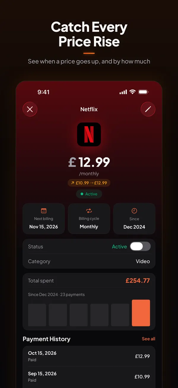 Burn's Netflix screen showing £12.99 a month, up from £10.99, with payment history.