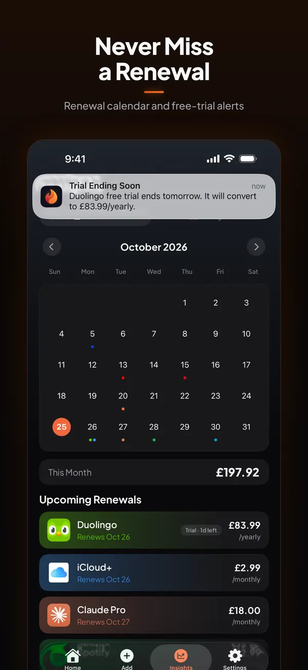 Burn's renewal calendar for October 2026 with a notification at the top: Trial Ending Soon, Duolingo free trial ends tomorrow and will convert to £83.99 a year.
