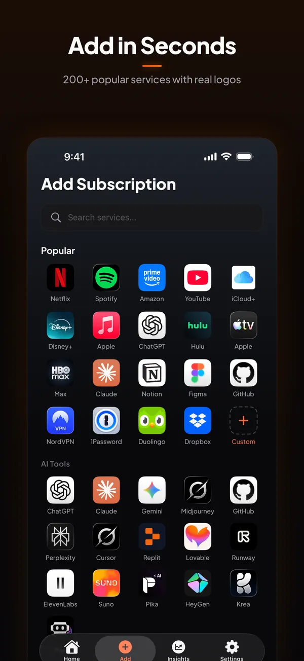 Burn's Add Subscription screen: a search field and a grid of popular services with their logos, Netflix, Spotify, YouTube, iCloud+, ChatGPT and more.