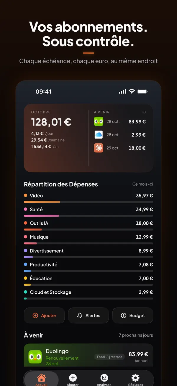 L’écran Accueil de Burn : 128,01 € en octobre, 4,13 € par jour, la répartition des dépenses par catégorie et un essai Duolingo à venir.