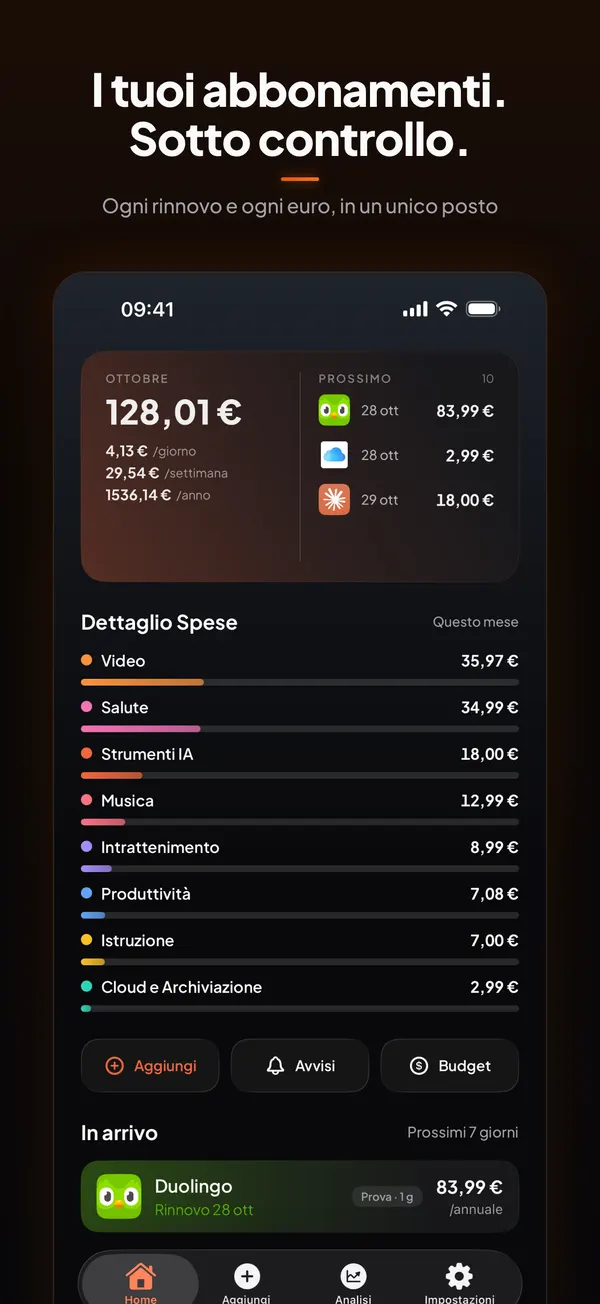 La Home di Burn: 128,01 € a ottobre, 4,13 € al giorno, il dettaglio spese per categoria e una prova Duolingo in arrivo.