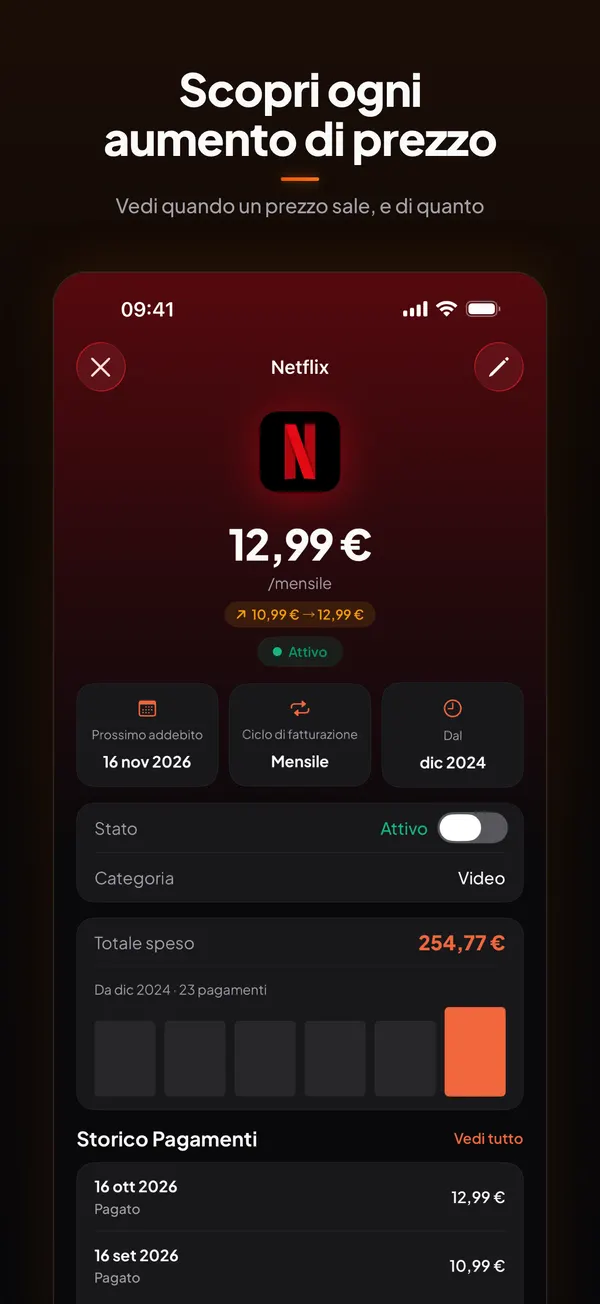 La scheda Netflix in Burn: 12,99 € al mese, aumentato da 10,99 €, con lo storico pagamenti.