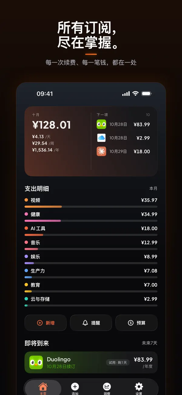 Burn 主页:本月合计 ¥128.01,每天 ¥4.13,下面是按类别的支出明细。