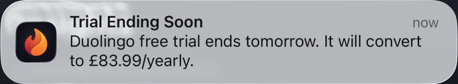A notification from Burn: Trial Ending Soon. Duolingo free trial ends tomorrow. It will convert to £83.99/yearly.