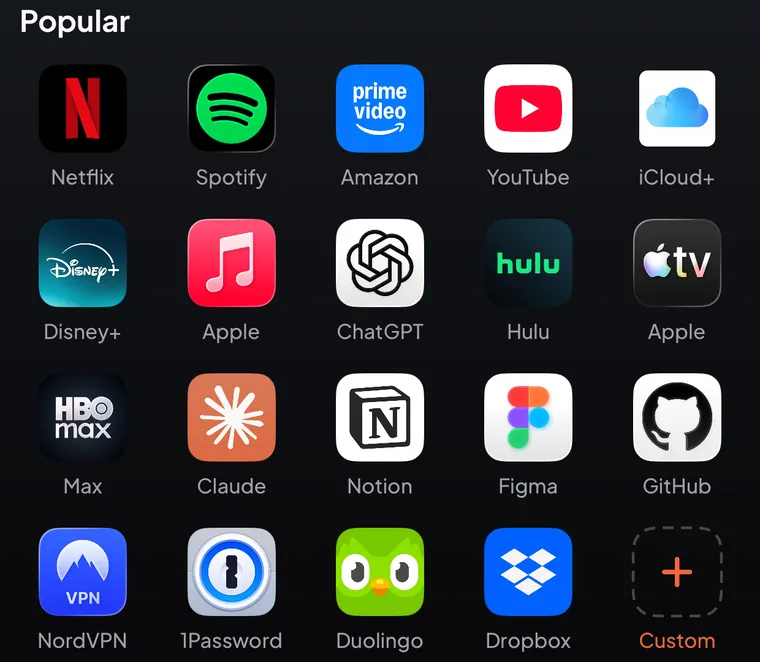 The Popular grid in Add Subscription: service logos such as Netflix, Spotify, YouTube, iCloud+, Disney+ and Duolingo, and a Custom button.